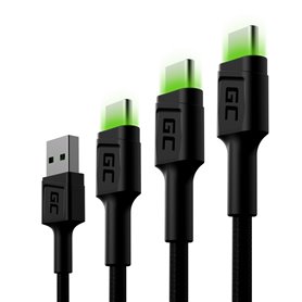 Set 3x Green Cell GC Ray USB-C Cable 30cm, 120cm, 200cm with green LED backlight, fast charging UC, QC 3.0