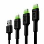 Set 3x Green Cell GC Ray USB-C Cable 30cm, 120cm, 200cm with green LED backlight, fast charging UC, QC 3.0