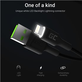 Cable Green Cell Ray USB-A - Lightning White LED 200cm with support for Apple 2.4A fast charging