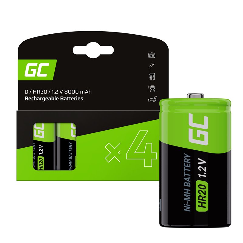 Green Cell Rechargeable Batteries 4x D R20 HR20 Ni-MH 1.2V 8000mAh