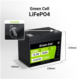 Green Cell CUBE LiFePO4 50Ah 12.8V 640Wh Lithium Iron Phosphate Battery for Camper, Golf Cart,Wind Power Plant