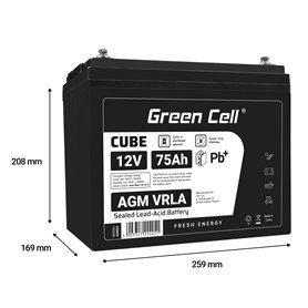 Green Cell CUBE AGM IP54 12V 75Ah VRLA Battery Gel deep cycle powerchair photovoltaic leisure battery campervan