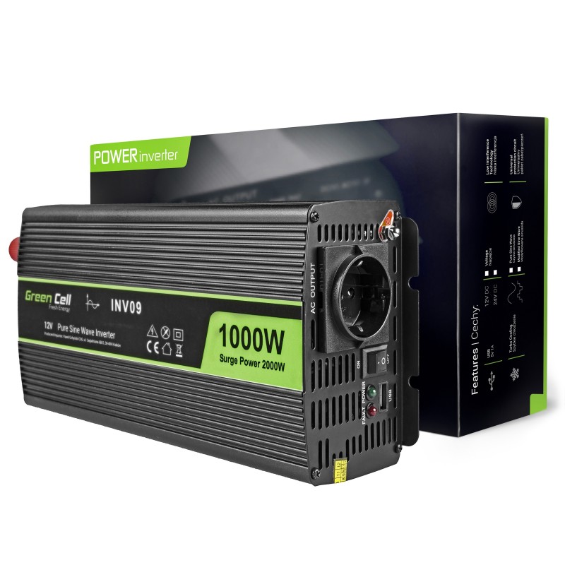 Green Cell Car Power Inverter 12V to 230V, 1000W / 2000W Pure sine wave 